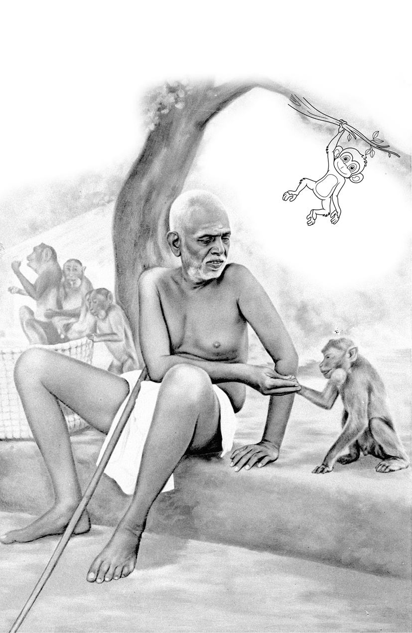 Sketch of Bhagavan Sri Ramana Maharshi with Nondi the monkey