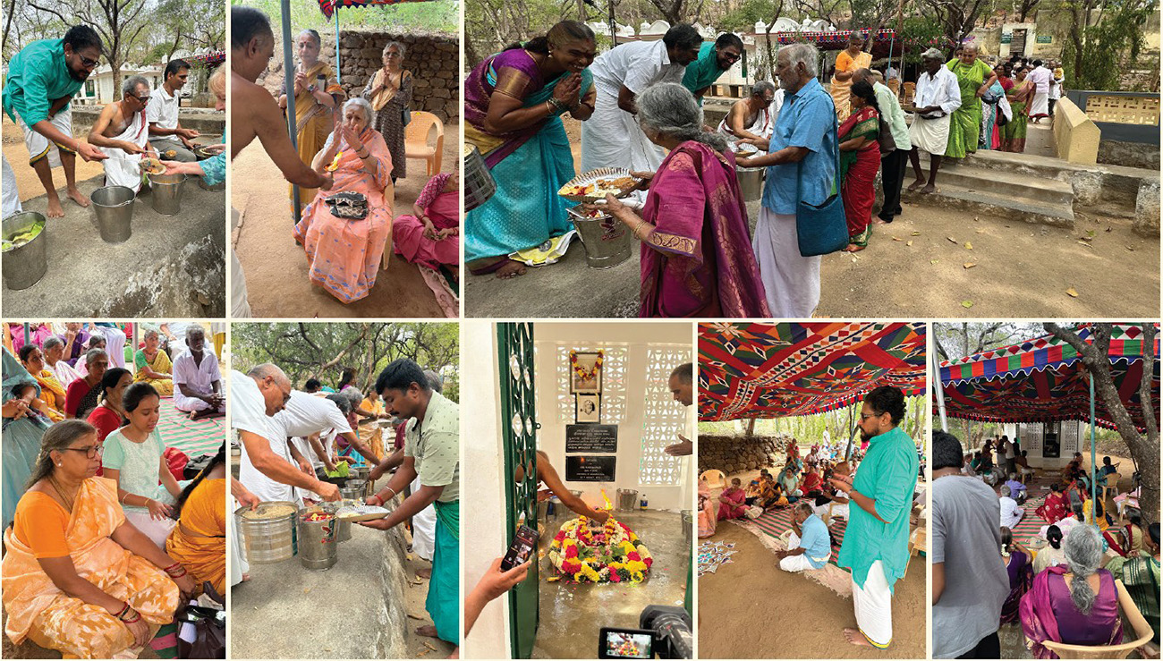Devotees at Sri Muruganar's samadhi shrine at Sri Ramanasramam on Muruganar Day, 10th September 2026, reciting Sri Ramana Sannidhi Murai, performing puja and arati and receiving prasad